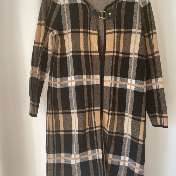 Anne Klein Black and Tan Plaid coat Cardigan with Buckle size M NWOT - Picture 4 of 4